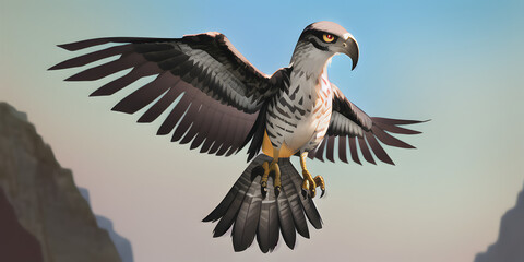 A smooth 3D render of a cute Bird of prey character with a smile