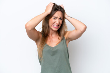 Fototapeta premium Young caucasian woman isolated on white background doing nervous gesture