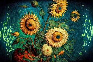 Obraz na płótnie Canvas Yellow sunflower with strokes imitating a painting in the style of Vincent Van Gogh.AI-generated illustration.