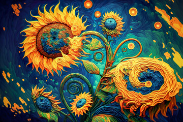 Yellow sunflower with strokes imitating a painting in the style of Vincent Van Gogh.AI-generated illustration.