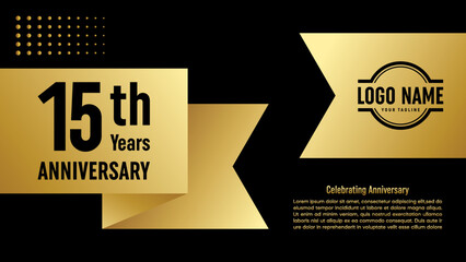 15th Anniversary template design concept with golden ribbon for birthday celebration event, invitation card, greeting card, banner, poster, flyer, book cover. Vector Template