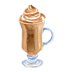 glass of latte digital drawing with watercolor style illustration