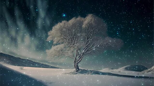 幻想的な雪原　一本の木　雪景色　ループ　シームレス