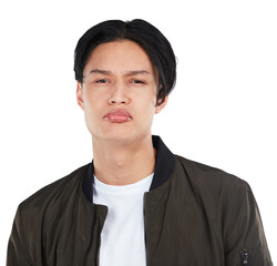 Sad, upset and portrait of an Asian man in studio with an upset, depressed and fear face expression. Frustrated, depression and male model from Asia with unhappy emotion isolated by white background.