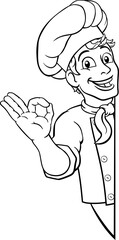 Chef Cook Baker Man Cartoon Peeking Around Sign