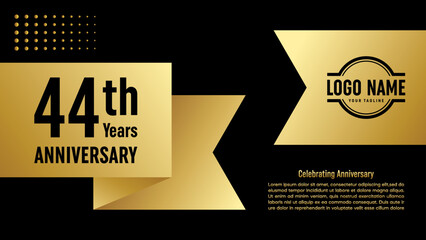 44th Anniversary template design concept with golden ribbon for birthday celebration event, invitation card, greeting card, banner, poster, flyer, book cover. Vector Template