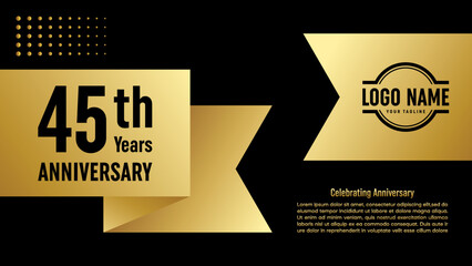 45th Anniversary template design concept with golden ribbon for birthday celebration event, invitation card, greeting card, banner, poster, flyer, book cover. Vector Template