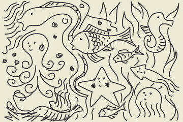 Illustration vector graphic of sea animals hand drawing style