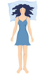 Young woman sleeping on her back. Female character relaxing during night slumber. Top view. Girl resting in comfortable position. Flat colorful vector illustration