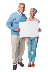 Mock up poster portrait, elderly and couple with marketing placard, advertising banner or product placement. Studio mockup, billboard promotion sign or happy sales people isolated on white background
