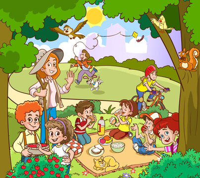 cute little kids picnic together cartoon vector 