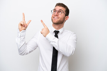 Young business caucasian man isolated on white background pointing with the index finger a great idea