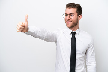 Young business caucasian man isolated on white background giving a thumbs up gesture