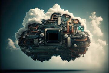 Cloud computing technology and online data storage. Business network concept. Motherboard cloud data transfer. Futuristic fantasy image. Generative ai. 