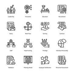 Leadership, Innovative, Education, Recruitment, Salary, Work Flow, Earning, Contract, Staff, Head Hunting, Privilege, Individual Personality, Validation, Outline Icons - Stroked, Vectors