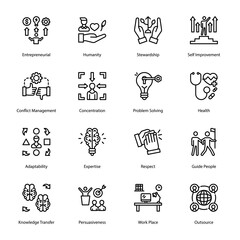 Entrepreneurial, Humanity, Stewardship, Self Improvement, Conflict Management, Concentration, Problem Solving, Health, Adaptability, Expertise, Respect, Outline Icons - Stroked, Vectors