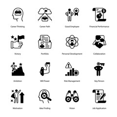 Career Thinking, Career Path, Good Employee, Financial Performance, Victory, Portfolio, Personal Development, Collaboration, Risk Management, Glyph Icons - Solid, Vectors