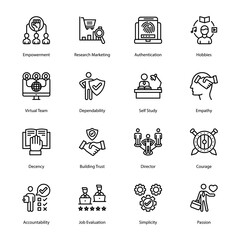 Empowerment, Research Marketing, Authentication, Hobbies, Virtual Team, Dependability, Self Study, Empathy, Decency, Building Trust, Director, Outline Icons - Stroked, Vectors