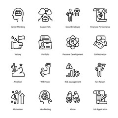 Career Thinking, Career Path, Good Employee, Financial Performance, Victory, Portfolio, Personal Development, Collaboration, Risk Management, Outline Icons - Stroked, Vectors
