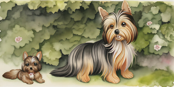 A beautiful painted watercolor aquarel of a Yorkshire Terrier character in its natural habitat