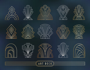 Art Deco style symbol set. Geometric outline signs on the dark gray blue marble textured background. Linear gold, silver, copper colored elements. EPS 10 linear design vector illustration. - obrazy, fototapety, plakaty