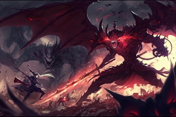 Hero Fighting Demon King In Dark Wars Illustration - Generative AI