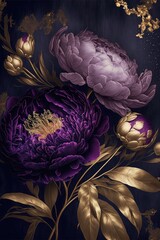 Obraz premium Elegant purple and golden peonies flowers. Still life. Romance gift card design. Generative ai.