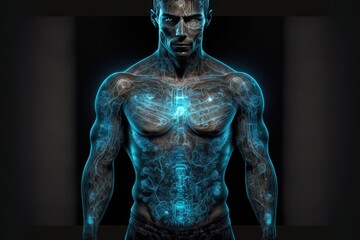 Fototapeta na wymiar Blueprint effect of the human body, cyborg