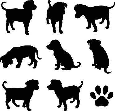 Vector puppy silhouettes and paw shapes.
