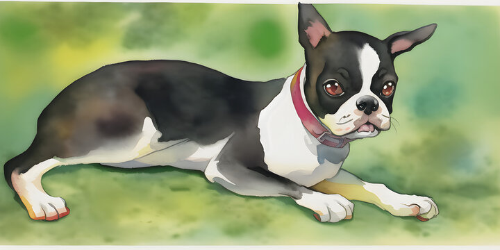 A beautiful painted watercolor aquarel of a Boston Terrier character in its natural habitat