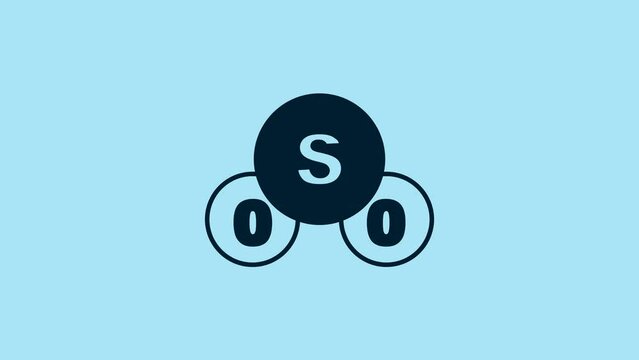Blue Sulfur dioxide SO2 gas molecule icon isolated on blue background. Structural chemical formula and molecule model. 4K Video motion graphic animation