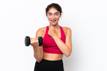 Young sport caucasian woman making weightlifting isolated on white background celebrating a victory