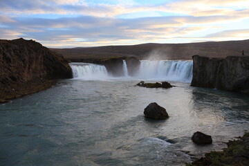 Panorama of Godafoss, waterfall in Iceland