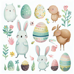 A cute whimsical cartoon collection on white background. Watercolor pastel. Easter Egg. Generative AI