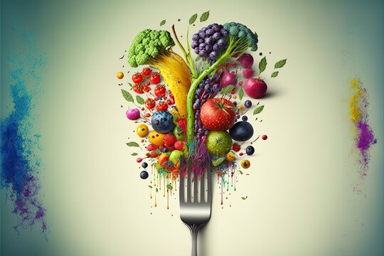 Fork as a paint brush painting with variety of colorful fruits and vegetables, concept of vegetarian, vegan, created with Generative AI technology