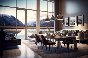 Modern luxury living and dining room with lake view, created with Generative AI technology