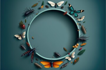 Fototapeta premium Round frame with copy space surrounded by insects, created with Generative AI technology