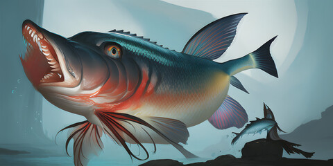 An epic cartoon illustration and digital painting of a Fish