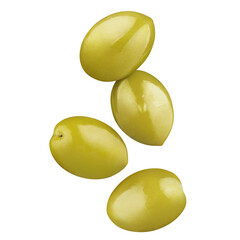 Flying delicious green olives cut out