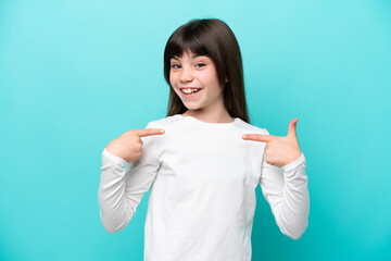 Little caucasian girl isolated on blue background giving a thumbs up gesture