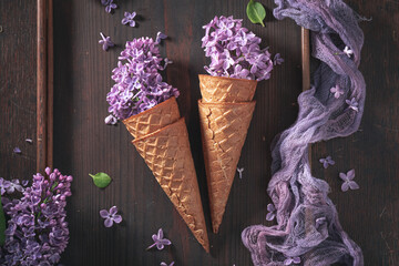 Unique lilac ice cream. Unique floral arrangement.