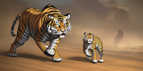 An epic cartoon illustration and digital painting of a Tiger