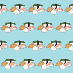 Asian Food Doodle Kawaii Symbol Wrapping Paper Print Textile Fabric Seamless Swatch Funny Asian Sushi Food Sign Seamless Pattern 