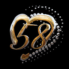 3D ILLUSTRATION. GOLD AND SILVER TEXT EFFECT ANNIVERSARY DATE NUMBERS WITH HEART RING