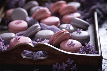 Sweet and beautiful macaroons of flower flavour. Flower flavour dessert.