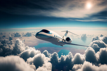 jet privée qui vol haut dans le ciel avec courbure de la terre en arrière-plan - illustration ia