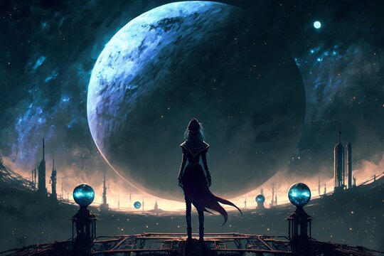 personnage féminin dans un univers futuriste, de dos, en train d'observer une planète dans le ciel