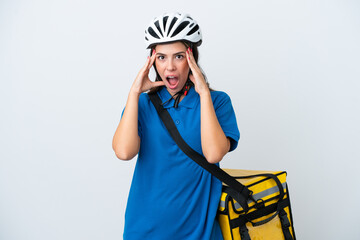 Young delivery woman with thermal backpack isolated on white background with surprise expression