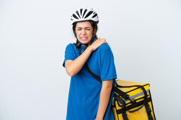 Young delivery woman with thermal backpack isolated on white background suffering from pain in shoulder for having made an effort