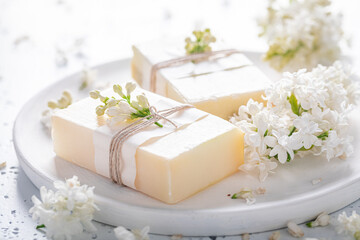 Obraz na płótnie Canvas Aromatic lilac soap made of flowers. Flower aromatic soap.